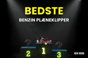 Billede af en plæneklipper med benzin med teksten: Bedste plæneklipper med benzin