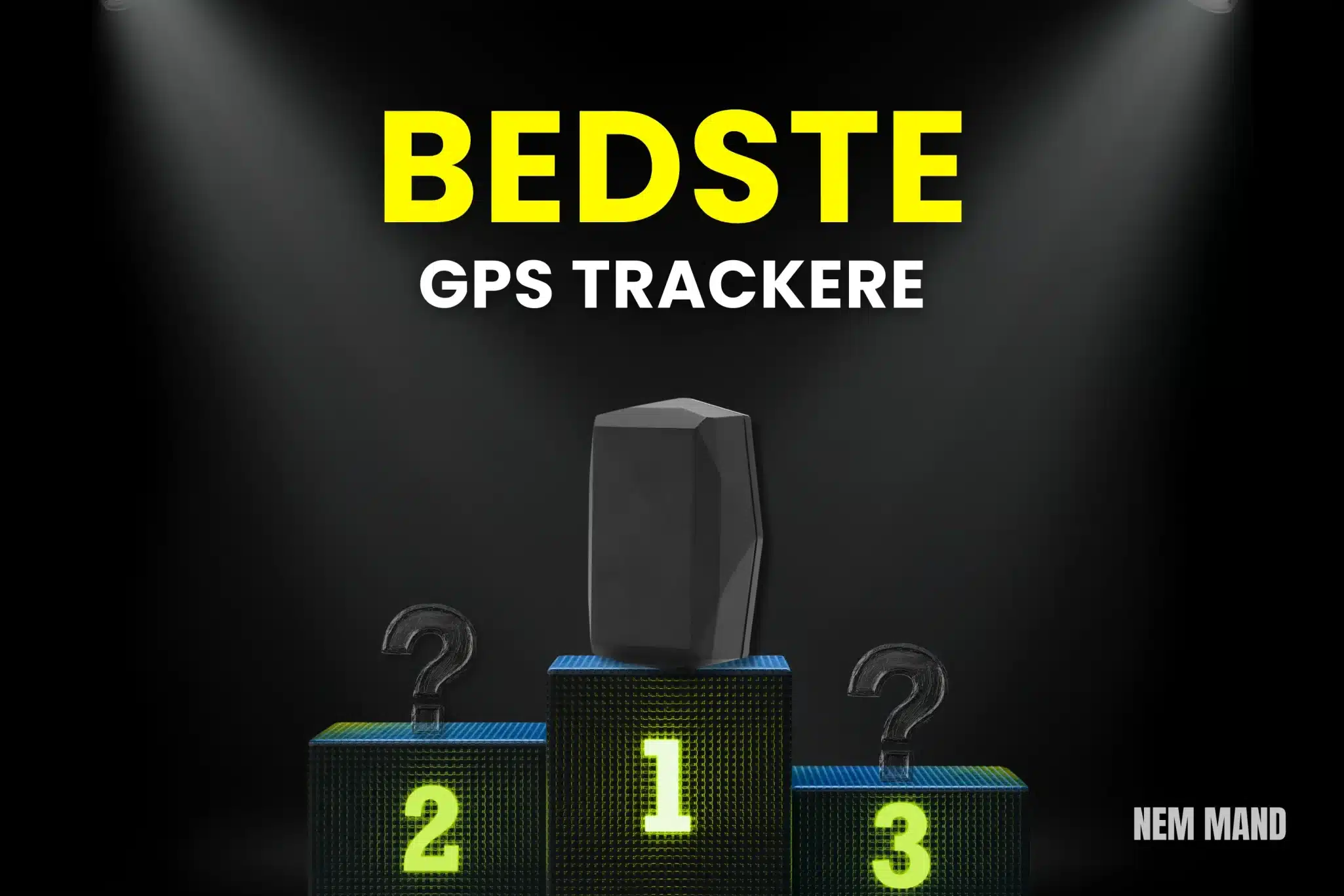 Bedst i test GPS trackere vist på podie med nummer 1 som vinder, hvor de bedste GPS trackere sammenlignes til sporing af køretøjer, ejendele og personlige genstande