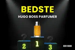 Billlede af en hugo boss parfume til mænd der står på en præmie skammel på en første plads med titlen BEDSTE hugo boss parfumer