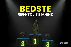 Bedst i test regntøj til mænd vist på podie med nummer 1 som vinder, hvor det bedste regntøj til mænd sammenlignes til hverdagsbrug og udendørs aktiviteter