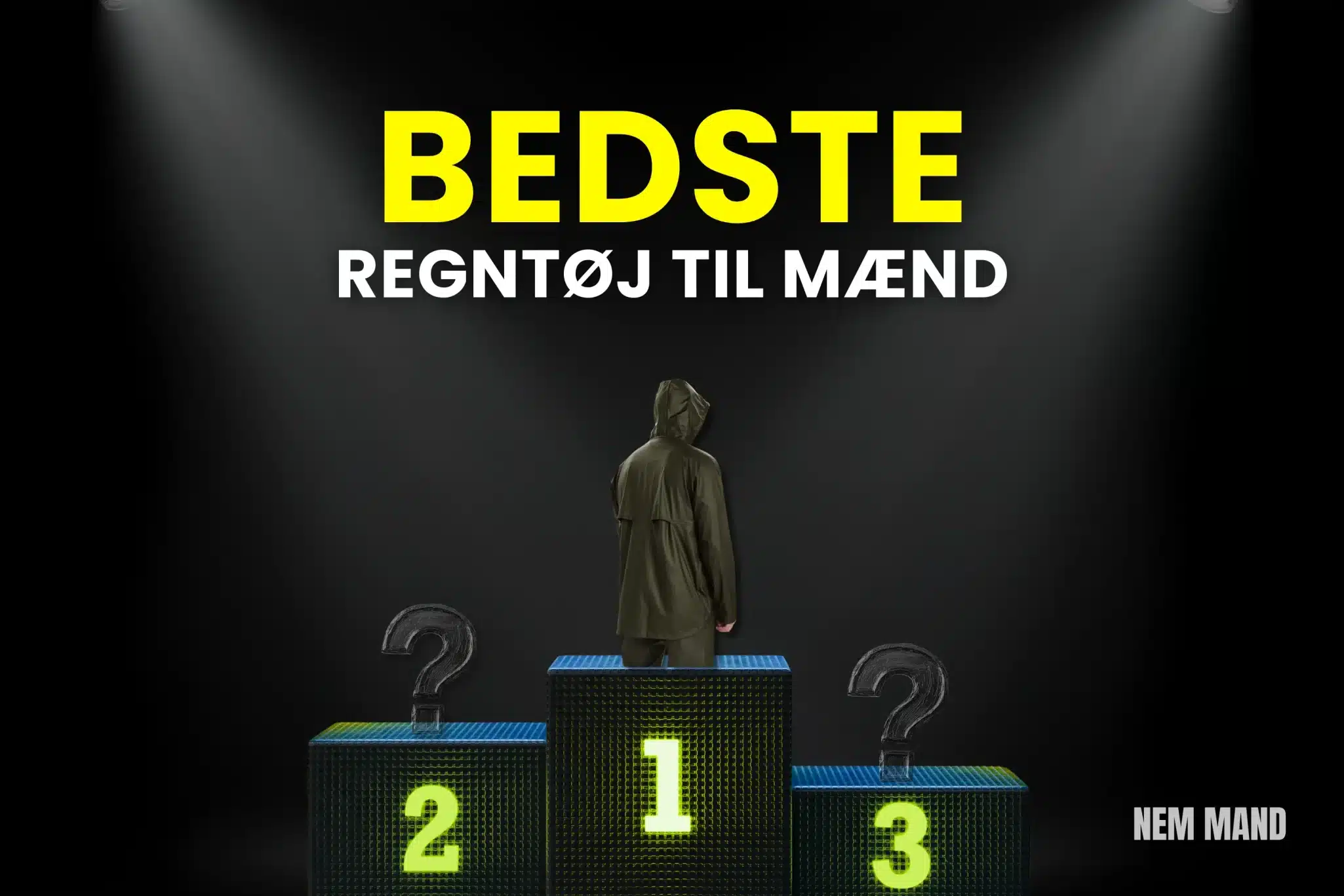 Bedst i test regntøj til mænd vist på podie med nummer 1 som vinder, hvor det bedste regntøj til mænd sammenlignes til hverdagsbrug og udendørs aktiviteter