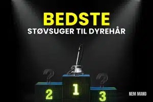 Bedst i test støvsuger til dyrehår vist på podie med nummer 1 som vinder, hvor de bedste støvsugere sammenlignes til effektiv fjernelse af hundehår og kattehår i hjemmet